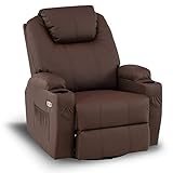 MCombo Manual Swivel Glider Rocker Recliner Chair with Massage and Heat for Adult, Cup Holders, USB Ports, 2 Side Pockets, Faux Leather 8031 (Light Brown)
