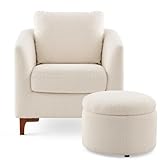 COLAMY Sherpa Accent Chair with Storage Ottoman Set, Upholstered Barrel Arm Chair with Footrest, Modern Living Room Chair with Back Pillow, Cream