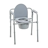 Drive Medical 11148-1 Folding Steel Bedside Commode Chair, Portable Toilet, Supports Individuals Weighing Up To 350 Lbs, with 7.5 Qt. Bucket and 13.5 Inch Seat, Grey