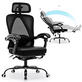Office Chair Ergonomic Desk Chair, Reclining PU Cushion Mesh Computer Chair with Adjustable Lumbar Support, Headrest and Footrest, High Back Home Office Desk Chair, 360° Swivel Executive Task Chair
