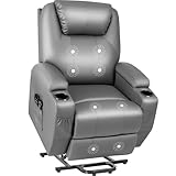 JUMMICO Power Lift Recliner Chair with Massage for Elderly PU Leather Modern Reclining Sofa Chair with Cup Holders, Remote Control, Adjustable Furniture (Gray)