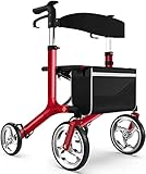 Healconnex Luxury Rollator Walkers for Seniors-Bulit-in Cable Rollator Walker with Seat, 10"Large Wheels,Aluminium Lightweight Senior Walker with Soft Rubber Handle,Padded Seat and Backrest RED