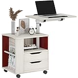 SogesHome Height Adjustable Nightstand with Lockable Wheels, Over-bed Movable Bedside Table with 2-Drawers, Bedroom Side Storage Cabinet with 1-Open Cube, Maple