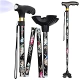 JUNRA Walking Cane with LED Light, Portable Adjustable Collapsible Folding Stick with Quad Base for Seniors Balance, Women and Men
