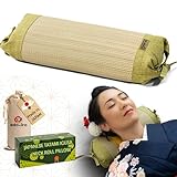 Japanese Neck Roll Pillow Firm for Relaxation - Original Bolster Cylinder Pillow Made with Japanese Igusa Rush, Infused with HIBA Essence - Hard Cervical Pillow for Neck Stretch and Meditation