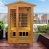 Xmatch Far Infrared Wooden Outdoor Sauna, 2-person Size 1750W, 9 Low EMF Heaters, 10 Minutes Pre-warm up, Time and Temp Pre-set, 2 Bluetooth Speakers, 2 LED Reading Lamp and 2 Chromotherapy Lights