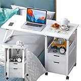 GFERTRE 2 in 1 Computer Desk Overbed Table with Foldable Bedside Table,Bedroom work table,with Wheels and Drawer, Folding Height Adjustable Laptop Cart Mobile Desk (with Drawer)