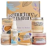 Nurture by Nature RELAX & CALM Spa Kit, Spa Gift Baskets For Women - Complete Bath Sets for Women Gift - Lavender Pillow Mist, Bath Salts, Soap, Bath Bomb, Candle, Body Scrub - Self Care Gift Basket
