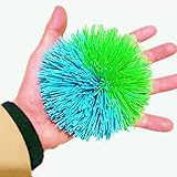 4.5Inch Large Rainbow Stringy Ball Silicone Bouncing Fluffy Jugging Ball,Monkey Stress Ball (Blue+Green)